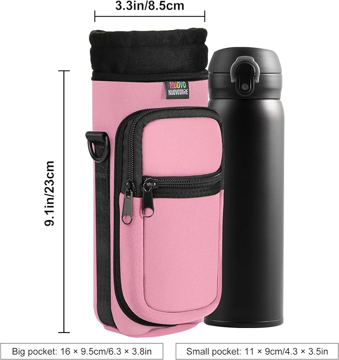 Nuovoware Water Bottle Carrier Bag, 25oz/32oz, Pink | Adjustable Shoulder Hand Strap, 2 Pocket, Neoprene Sleeve, For Hiking Travelling Camping - Image 4