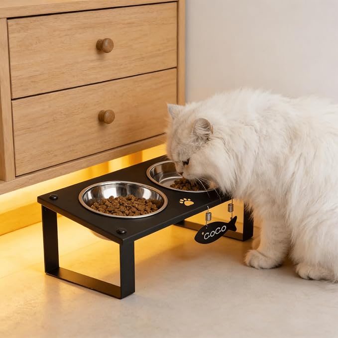 Elevated Cat Bowls with Splash Proof Mat for Kitten Puppy, 10° Tilted Raised Cat Bowl Stand Anti-Vomiting, 2 Wide Shallow Stainless Steel Bowls, Whisker Friendly, 3.5" Tall - Image 7