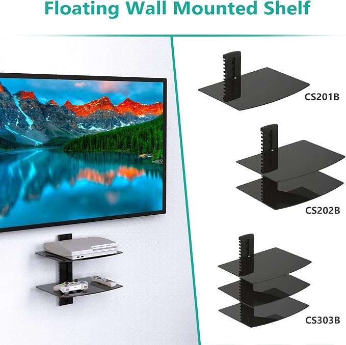 WALI Floating TV Shelf, 2 Tier Glass Projector Shelf for DVD Players, Routers, Game Consoles, Cable Boxes, Living Room Decor, Wall Mount Shelves Hold Up to 17.6lbs (CS202B), 2-Shelf, Black - Image 7