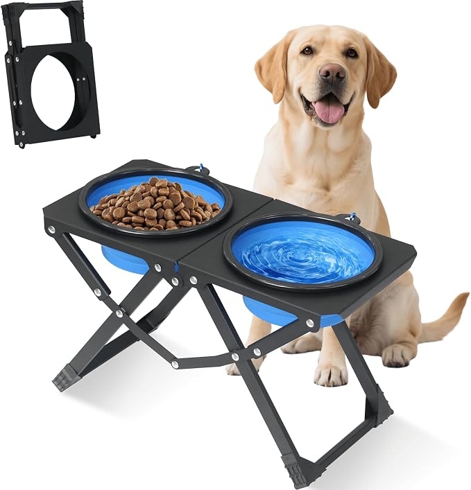 Foldable Elevated Dog Bowl Holder with 2 Large 50.7oz Folding Water Bowl, 10.2" Tall Raised Dog Bowl Stand for Medium/Large Breeds, Indoor and Outdoor Use by FLODOMIXHOME