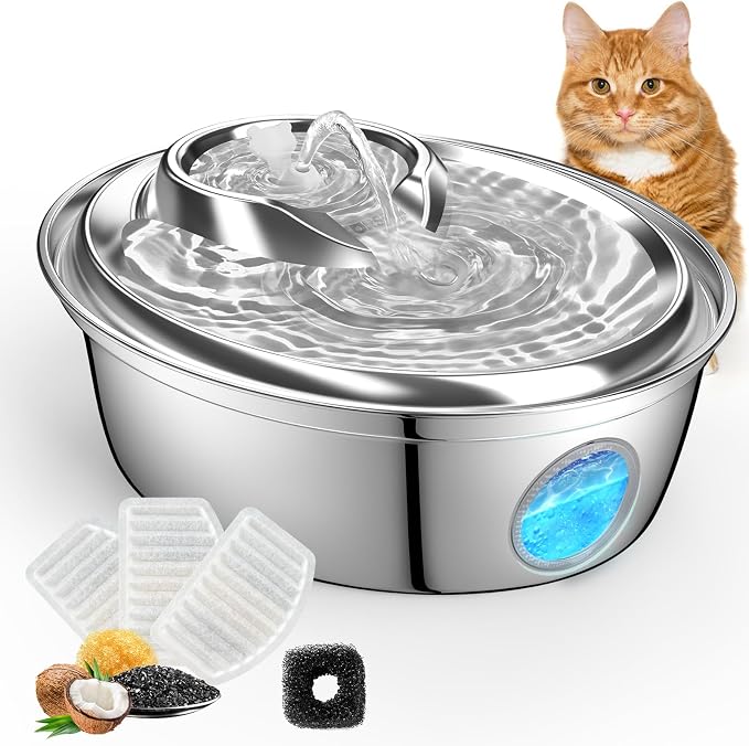 ORSDA Cat Water Fountain Stainless Steel, Automatic Pet Water Fountain, 67oz/2L Drinking Fountain Dog Water Dispenser with Water Level Window for Cats and Small Dogs- 3 Filters +1 Pump Sponges (D36) by ORSDA
