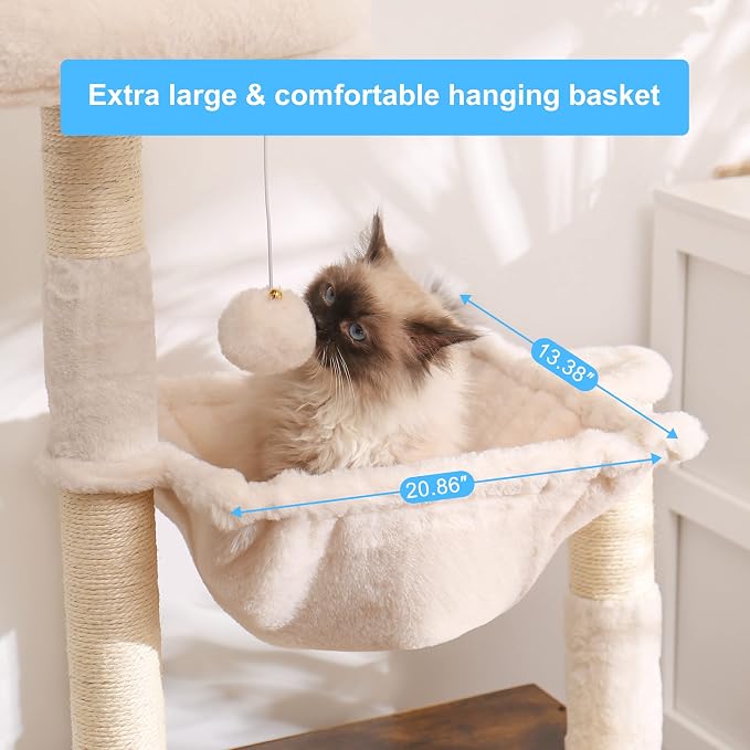 Hey-brother Cat Tree Tower, Litter Box Enclosure, Food Station, MPJ100SR | 47.24 Inches Wooden All-in-one Cat House, Large Hammock, Bed, Scratching Posts, Modern Style for Indoor Cats, Rustic Brown - Image 3