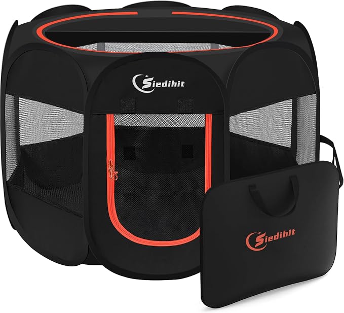 Siedihit Dog Playpen, Puppy Pet Playpens Indoor for Medium Dogs Tent | Crates Cage Indoor/Outdoor, Portable Pop Up Dog Kennel Playpen with Carrying Case for Dogs/Cats/Rabbits, Black by Siedihit
