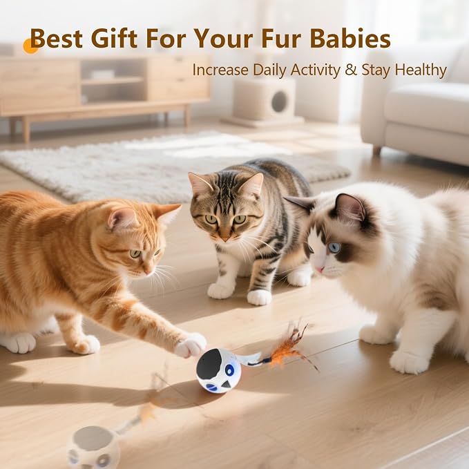 Cat Toys Ball, Smart Motion Sensor Moving Ball with 4 Sounds& 3 Speed Modes | Interactive Automatic Cat Toy for Indoor Cats,Fast Rolling Motion Activated Chirping Stimulating Light, 2 Feather Refill - Image 8