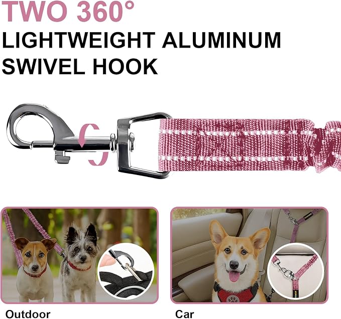 MingXpet 2 Dog Leash, Dog Leash for 2 Dogs, 360° Swivel No Tangle Double Walking Training Leashes for Large Dogs that Pull, Comfortable Shock Absorbing Reflective Bungee, Pink - Image 3