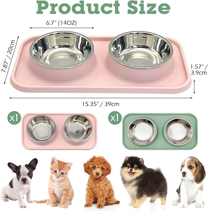BNOSDM 2 Pcs Double Dog Food Bowls, Stainless Steel Small Dog Food and Water Bowls with Non-Spill Plastic Mat, Pet Cat Feeder Dish Set for Puppy Cats Kitten, Pink and Green - Image 6