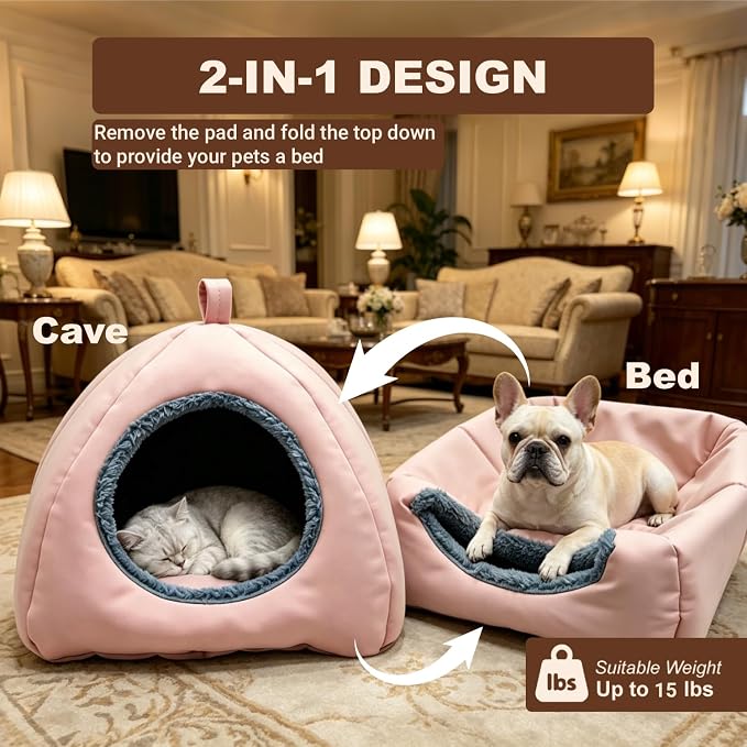 Cat Caves for Indoor Cats, Pink Cat Cave House for Kittens and Small Dogs | 2 in 1 Design, Removable Washable Cushioned Pillow, Foldable Kitten Hideaway, All Year Around Available - Image 3
