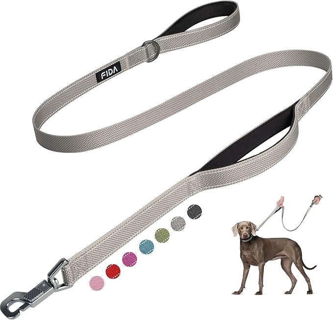 Fida Heavy Duty Dog Leash for Medium Large Dogs, 5 FT, Dual Padded Handles | Traffic Handle for Close Control, Advanced Easy Snap Hook, Reflective, Strong Nylon Webbing for Daily Walks & Training, Grey by Fida