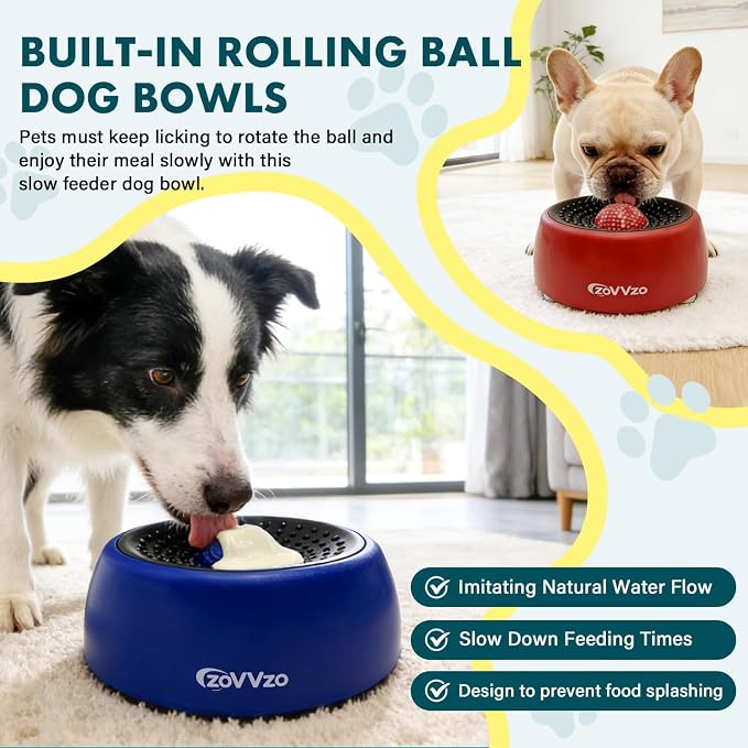 Rolling Slow Feeder Dog Bowls with Interactive Lick Ball | Non-Slip Dog Enrichment Bowl for Wet Food, Yogurt, Peanut Butter & Bone Broth (Blue) - Image 2