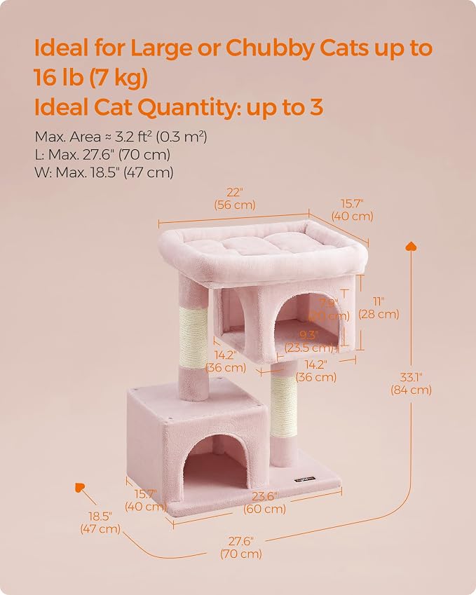 Feandrea Cat Tree, 33.1-Inch Cat Tower, Plush Condo for Large Cats up to 16 lb, Large Perch, 2 Caves, Scratching Post, Jelly Pink UPCT061P01 - Image 6