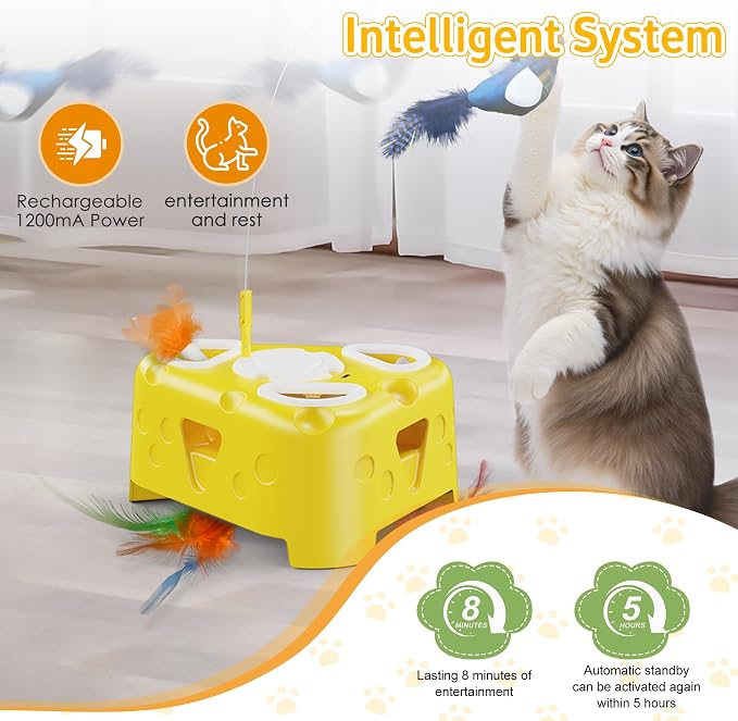 Automatic Cheese-Shaped Interactive Cat Toy – Flying Bird, 6-Hole Mole & Rotating Feather | USB Rechargeable Electronic Feather Toy for Indoor Adult Cats & Kittens, Relieves Boredom | Cheese-shaped non-slip base, 3 play modes, USB-C rechargeable 1200mA... - Image 7