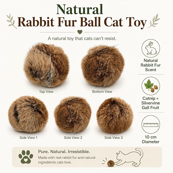 Rabbit Fur Ball Cat Toy, 10cm Natural Rabbit Fur Catnip Silvervine Gall Fruit Toy, Soft Scented Interactive Cat Ball for Indoor Cats & Kittens, Batting Chasing Rolling Play - Image 2