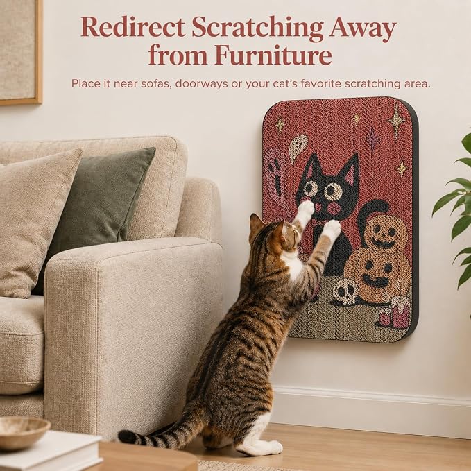 2 Pack Cat Wall Scratcher, Art Cat Scratching Board for Cats | Wall Mounted Cat Scratch Pad, Water-Based Ink, Hook&Loop Strips, Floor or Wall Use, 16.7x11x1 Inch, Pumpkin - Image 3