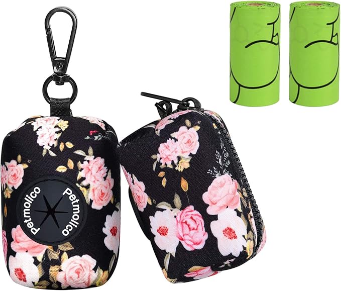 Petmolico Dog Poop Bag Holder Dispenser 2 Pack, Pink Rose | Zippered pouch fits any leash, includes free roll of bags, lightweight & portable for daily walks, travel & outdoor use by Petmolico