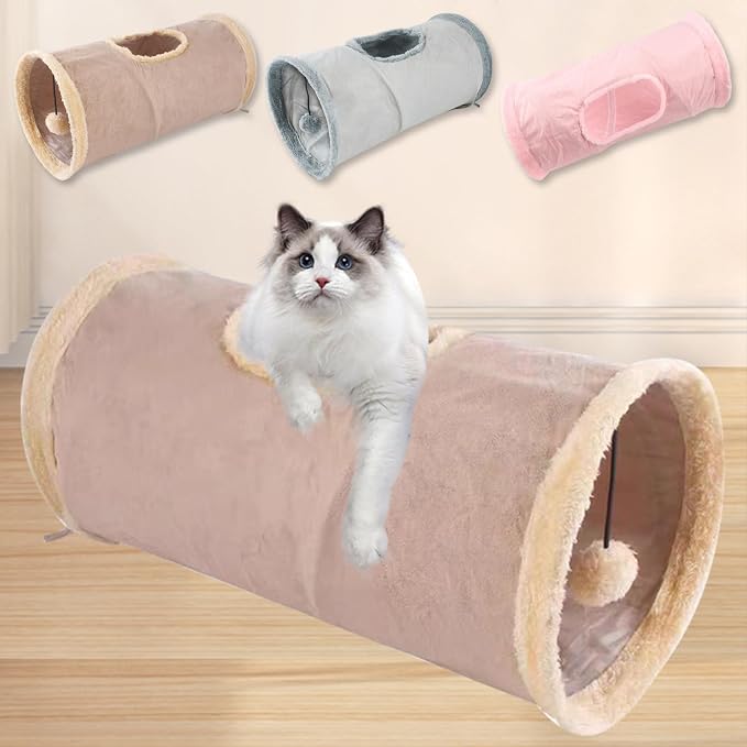 Cat Tunnel,Indoor Cat Play Tube Toys with Play Ball,Durable Collapsible Rabbit Hideaway Tunnel for Kitten,Bunny, Guinea Pig, Rat, Hamster, Ferret, Chinchilla (Khaki) - Image 6