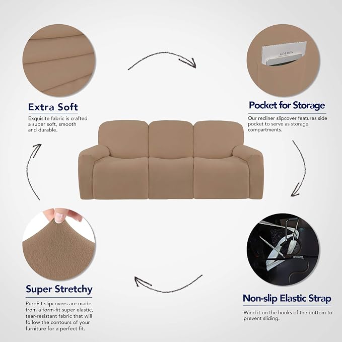 PureFit Super Stretch 3 Seats Recliner Sofa Couch Cover with Pocket | Non Slip Soft Sofa Slipcover, Washable Spandex Reclining Furniture Protector for Kids, Pets (Recliner Sofa, Camel) - Image 3