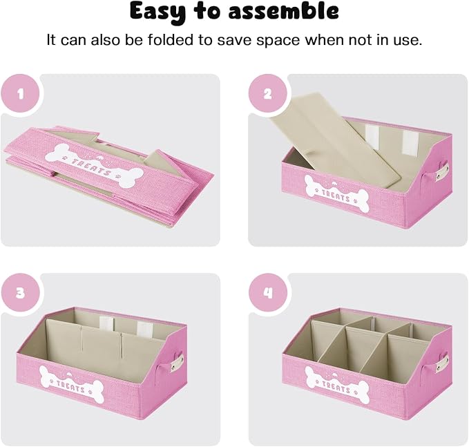 Dog Treat Container, Dogs Storage Organizer with Removable Dividers, Collapsible Dogs Treat Holder for Countertop, Trapezoid Pet Treats Containers, Dog Toy Basket with PU Handles, Medium, Pink - Image 7