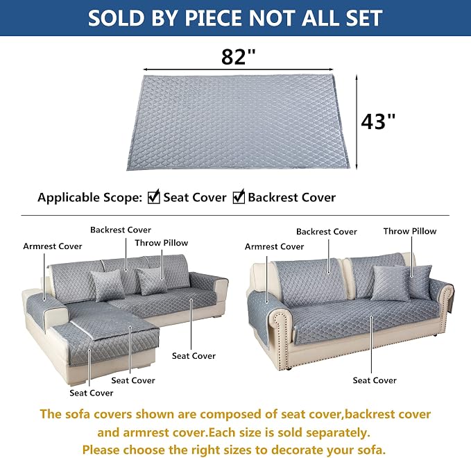 Eismodra Couch Cover,Sectional Couch Covers,Sofa Covers for 3 Cushion Couch,Anti-Slip Sofa Slipcovers for Dogs Cats Kids Loveseat Recliner L Shaped Armrest Backrest,Light Gray 43''x82''(Only 1 Piece) - Image 5