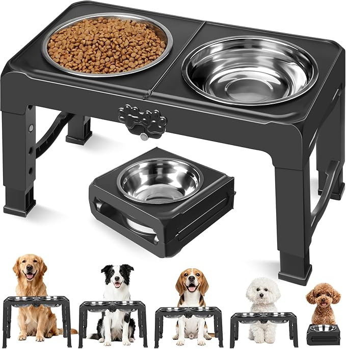 COMESOON Elevated Dog Bowls, 5 Adjustable Heights (3.9"-13.4") Raised Dogs Food Bowl Stand for Medium Large Sized Dogs, Non-Slip Foldable Travel Pet Feeder Black with Stainless Steel Bowls by COMESOON