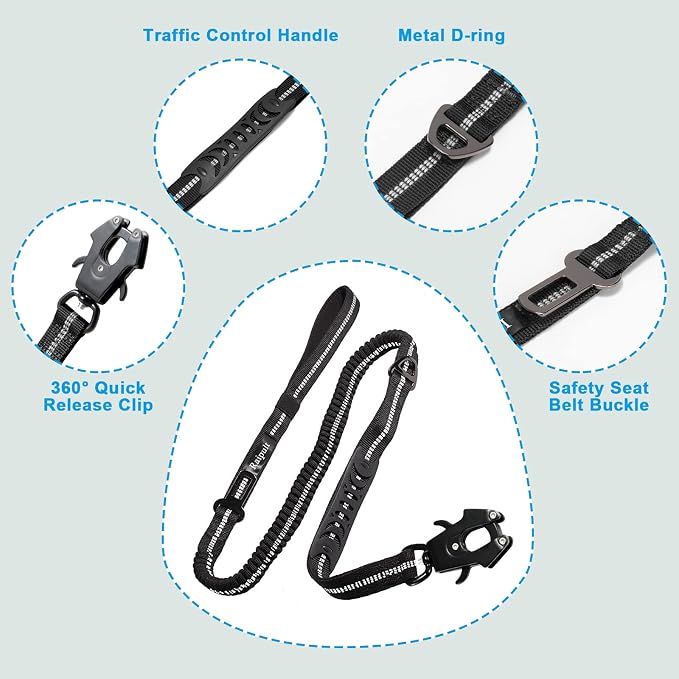 Raipult Tactical Shock Absorbing Bungee Dog Leash Heavy Duty, 4-6ft, Black | for Large Dogs That Pull, Quick-Release Frog Clip, Dual Handles for Close Control, Car Seat Belt Clip, Reflective at Night - Image 3