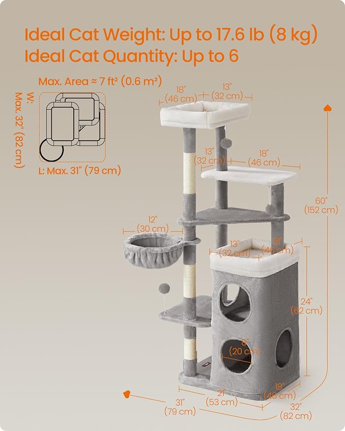 Feandrea Cat Tree Indoor, 60" Multiple-Level Plush Cat Tower, Dove Gray | 2 Caves, 3 Steps, 3 Scratching Posts, 3 Ball Toys, Cat Condo House for Large Adult Cats, UPCT007G01 - Image 5