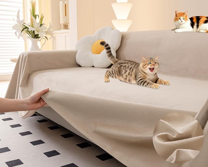Loiion Cat Scratch Couch Cover Waterproof Sofa Cover 134"x71" Almond | Pet-Friendly Couch Protector, Anti-Scratch & Non Slip Sofa Cover For Cats Dogs Kids, Machine Washable by Loiion