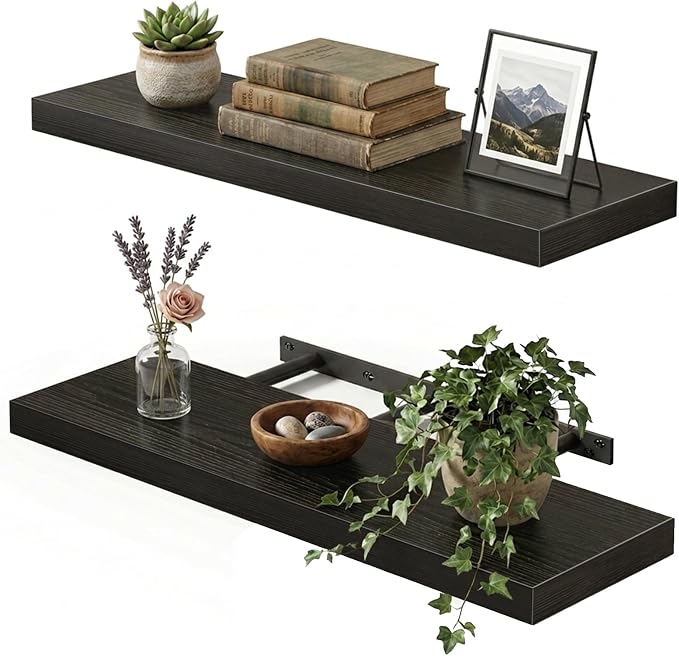 Fixwal Floating Wall Shelves for Decor (Black, Set of 2, 22Inch) | MDF Shelf with Metal Brackets, Space Saving for Books , Decor, Fits Bathroom, Kitchen, Bedroom, or Office by Fixwal