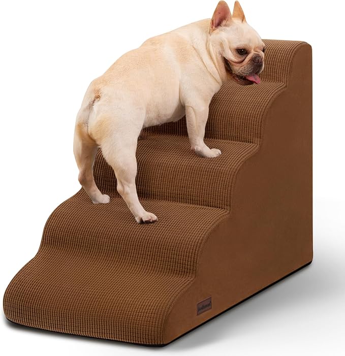 Aodisman Dog Stairs for High Bed,5-Step Pet Ramp for Small Dogs and Cats | 22.2" H Dog Steps for Bed with High-Density Foam, Help Olders,Short-Legged Dogs,Puppy and Cats Get on Beds Easily,Grey,Brown by AODISMAN