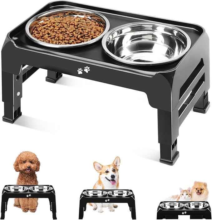 COMESOON Elevated Dog Bowls for Small Medium Dogs, 3 Height Adjustable Raised Stand with 2 Thick 6" Stainless Steel Food Bowls, Non-Slip Feeder Adjusts to 2.75", 6", 7.5", Black by COMESOON