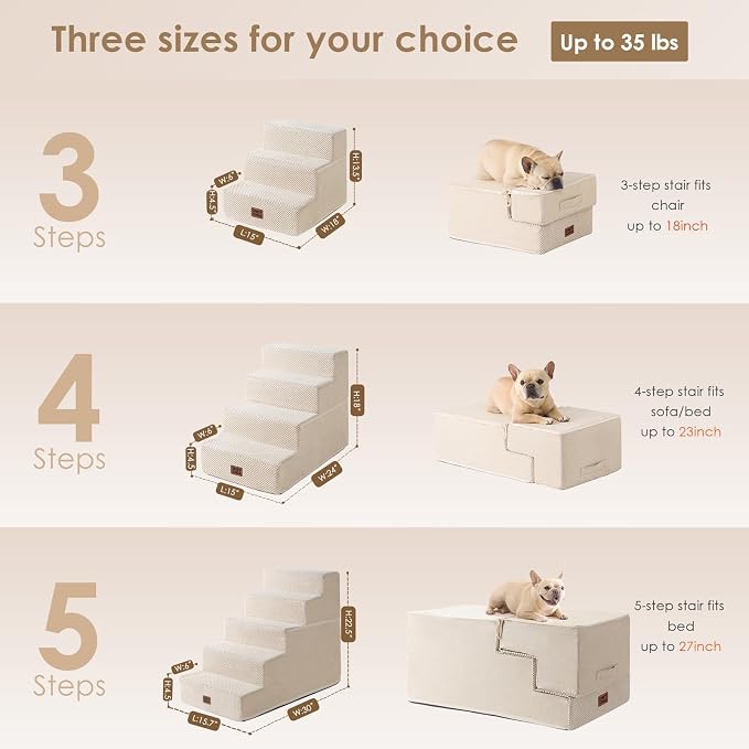 EHEYCIGA Dog Stairs for Bed 18" H, 4-Step Dog Steps for High Bed, Beige | Pet Steps for Small Dogs and Cats, Non-Slip Balanced Pet Ramp Indoor - Image 2