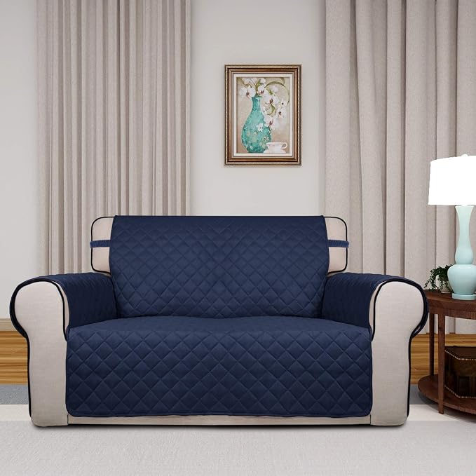 PureFit Reversible Quilted Sofa Cover, Water Resistant Medium Slipcover Furniture Protector, Washable Couch Cover with Non Slip Foam and Elastic Straps for Kids, Dogs, Pets (Loveseat, Navy/Ivory) | Navy/Ivory, Water Resistant Couch Protector, Washable ... - Image 2