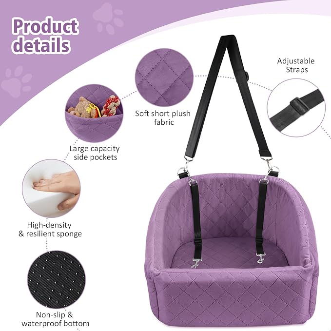 NEEZUKAR Dog Car Seat for Small Medium Dogs,Detachable Washable Dog Booster Seat Under 30lbs, Pet Car Seats Travel Bed with Storage Pockets and Safety Belt (Purple) - Image 4