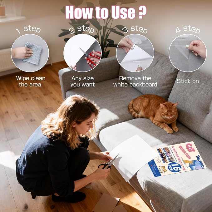 16PCS Cat Scratch Furniture Protector, Single Sided Couch Protectors Tape from Cats Claws Scratching, Transparent Sticky Sheets Proof Clawing Sofa Corner Protection Cover Anti Scratch for Furniture - Image 5