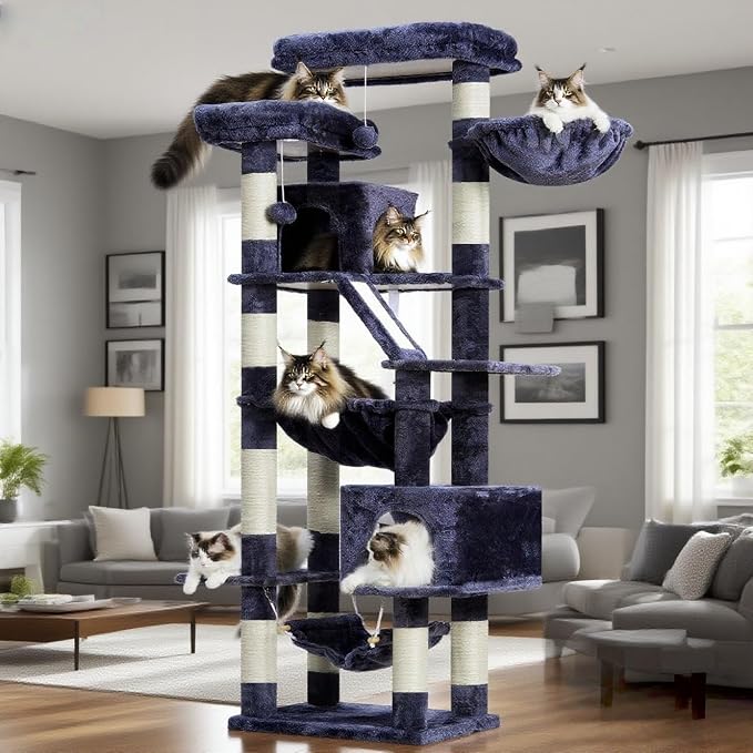 Heybly Cat Tree, 71-Inch-Tall Tower for Indoor Cats with 2 Perches HCT034G | Large Cat Furniture with 2 Big Condos, 2 Hammocks, Basket, Scratching Pad, Multi-Level Cat Condo, Smoky Gray - Image 5