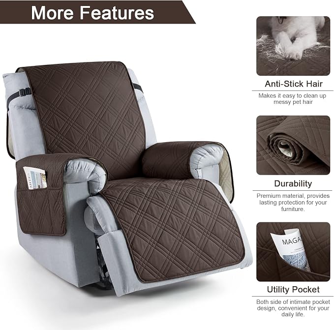 TAOCOCO 100% Waterproof Recliner Chair Covers, Non Slip Recliner Covers for Recliner Chair with Pocket, Washable Reclining Chair Cover Furniture Protector for Kids,Dogs(25'', Chocolate) - Image 5