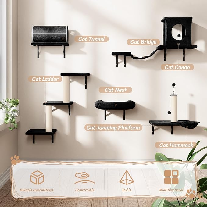 7-in-1 Cat Wall Shelves, Wall Mounted Climber Set | Cat Furniture with House, Tunnel, Bridge, Steps, Scratcher, Hammock, Shelves for Indoor, Black - Image 2