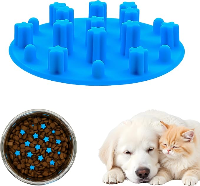 Slow Feeder Insert for Cat Dog Bowls, Anti-Choking Silicone with Strong Suction Cups, Fits Most Cat Bowls, Ideal for Puppy Small Medium Breeds (Blue) by Unknown