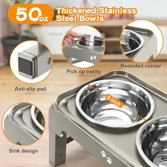 Elevated Bowls, 4 Height Adjustable Raised Stand With 2 Thick 50oz Stainless Steel Food Bowls, Non-Slip Feeder for Dogs, Adjusts to 3.7", 9.2", 10.75", 12.36" Light Brownish Gray - Image 4