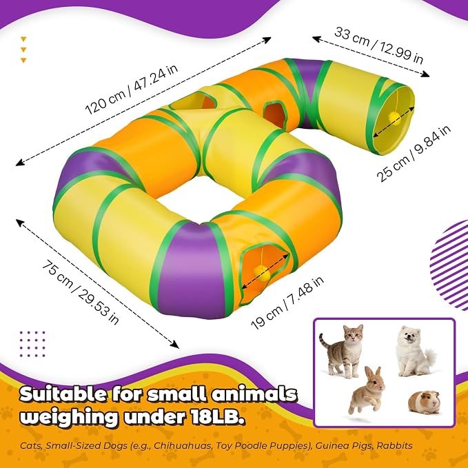 Cat Tunnel for Indoor Cats 6-Shaped, Collapsible Cat Playhouse Pet Play Tunnel Tube Maze with Hanging Pom-Poms and Interactive Hole for Kitten, Kitty, Puppy, Rabbits, Ferret, Guinea Pig - Image 2