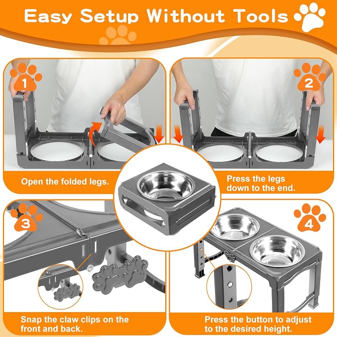 COMESOON Elevated Dog Bowls, 5 Adjustable Heights (3.9"-13.4") Raised Dogs Food Bowl Stand for Medium Large Sized Dogs, Non-Slip Foldable Travel Pet Feeder Grey with Stainless Steel Bowls - Image 6