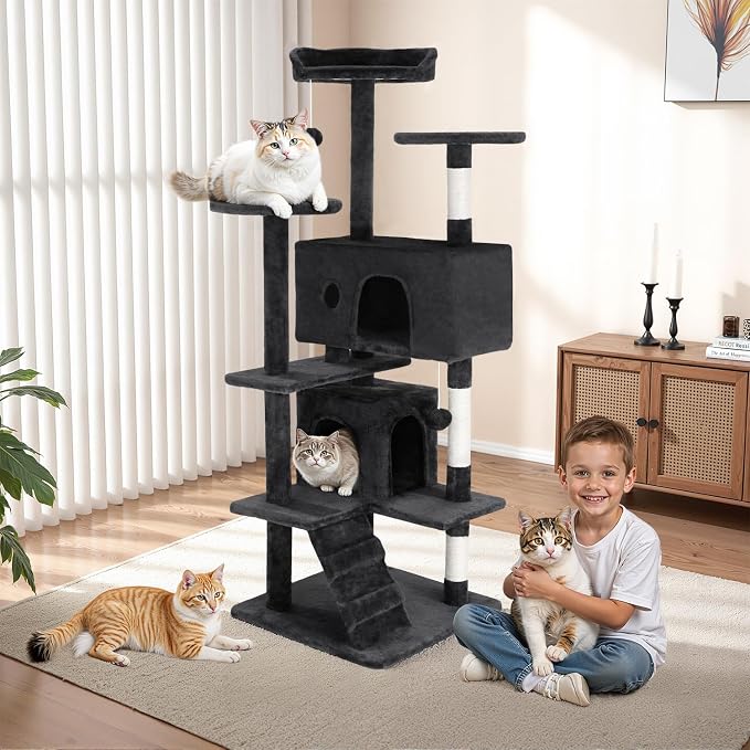 FDW Cat Tree 54in Cat Tower Multi-Level Durable Cat Scratching Post & Cozy Fun Cat Jumping Platform Space Saving Cat Condo Pet Play House for Indoor Cats,Grey - Image 2