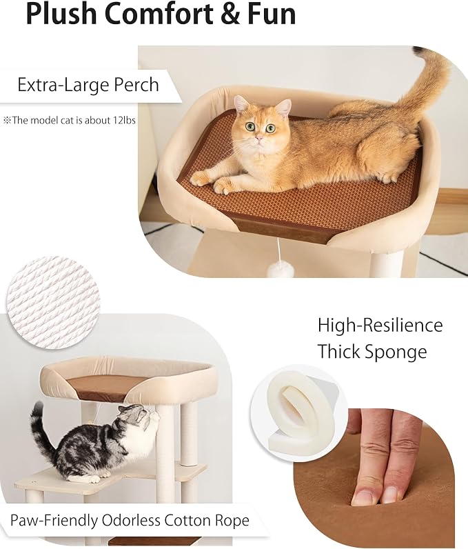 Cat Tree for Large Cats Modern Senior Friendly Wide Shelves 37.4'' | Wide shelves, cotton scratching posts, super sturdy base, cozy perch, interactive toys, luxury fabric - Image 5