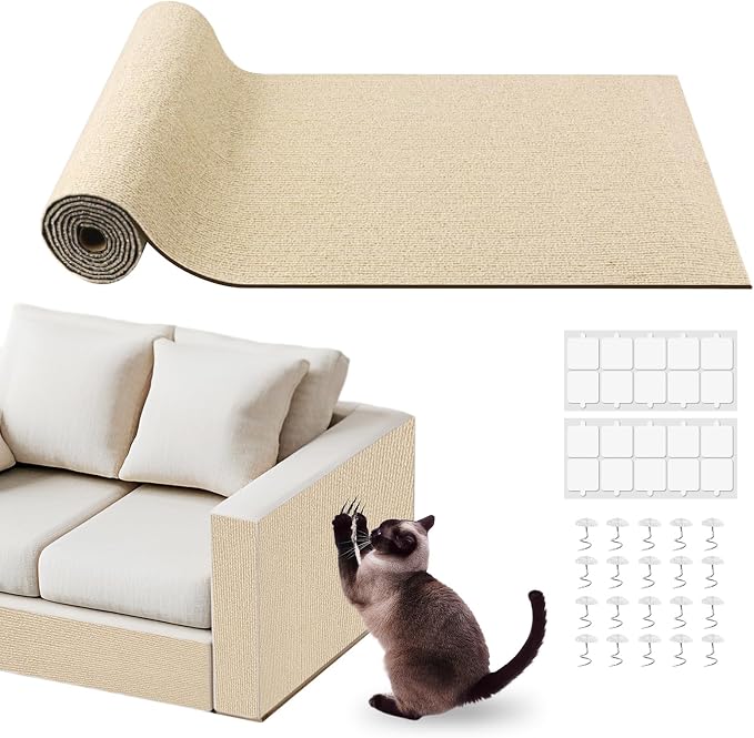Cat Scratch Furniture Protector for Couch, Wall & Door Guard, Trimmable Self-Adhesive Scratch Pad, DIY Climbing Mat, Deterrent, Scratching Post Replacement (118''x15.8'', Khaki) by pawstrip