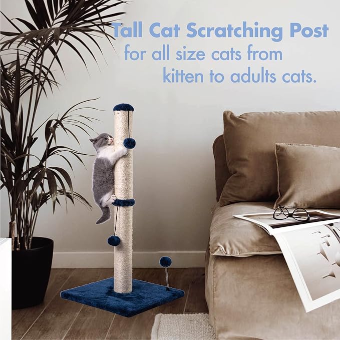 MECOOL 34“ Tall Cat Scratching Post Premium Basics Kitten Scratcher Sisal Scratch Posts Trees with Hanging Ball for Indoor Cats, Navy - Image 3