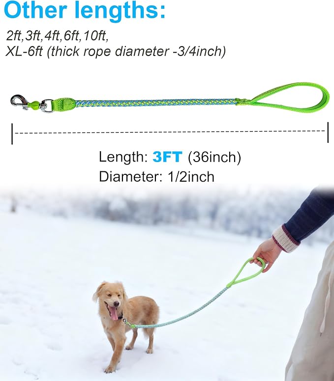 Reflective Dog Leash 2/3/4/6/10ft Braided 1/2" Strong Nylon Rope | 3FT Dog Leash for Large Medium Small Dogs Walking Training Leads- Green - Image 5