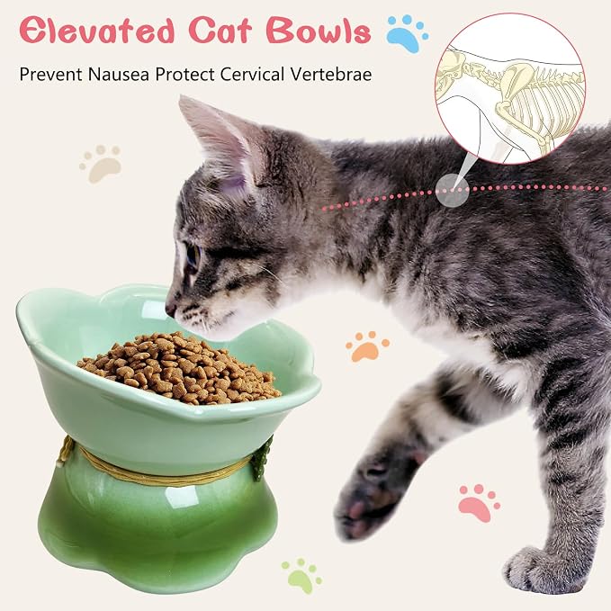 Kathson 4 Pcs Ceramic Raised Cat Food Bowls Elevated Kitty Bowl for Food and Water Anti Vomiting Tilted Cat Bowl for Kittens and Small Dogs Dishwasher and Microwave Safe (8.45 Ounces) - Image 3