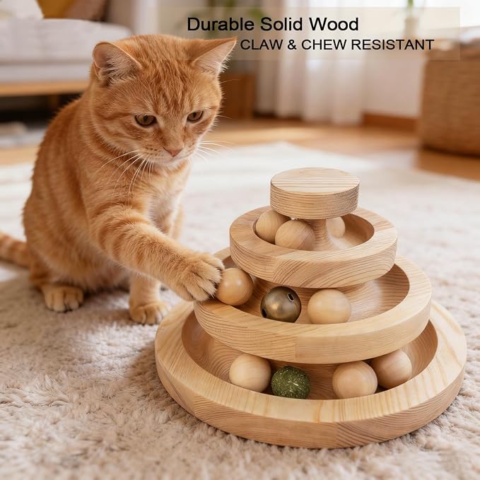 Solid Wood Cat Ball Track,Heavy Duty 3-Tier Interactive Cat Toy Tower with 9 Removable Balls,Bell & Catnip,No Assembly Required,Anti-Tip Sturdy Base for Indoor Cats, Kittens & Large Cats - Image 5