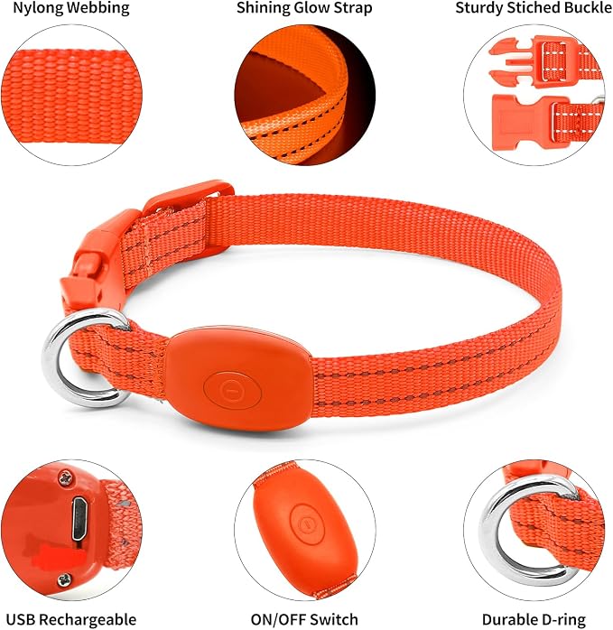 Illumifun Light Up Dog Collar for Small Dogs Cats, Rechargeable LED Dog Collar Glow at Night, Adjustable Nylon LED Cat Collar Light (Orange, X-Small) - Image 3