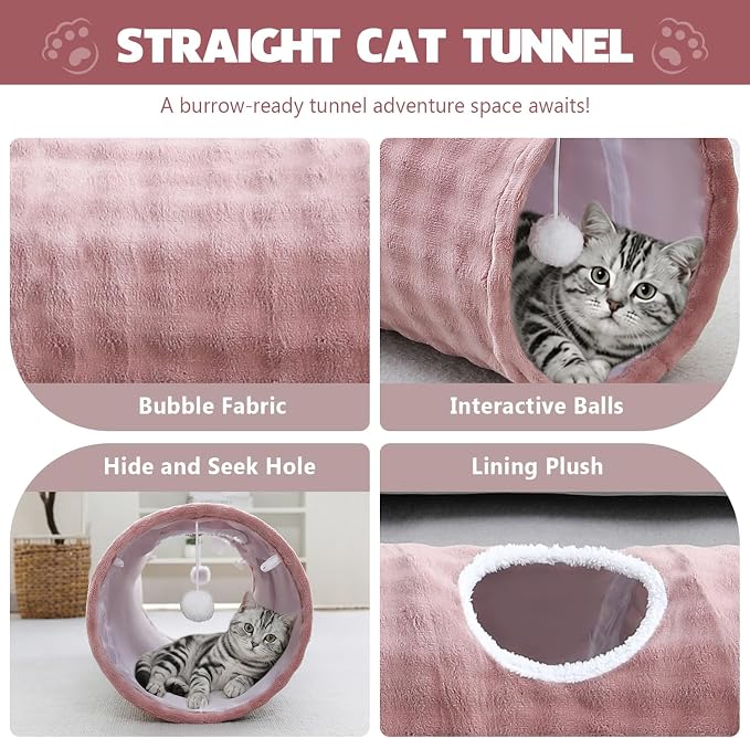 Straight Bubble Cat Tunnel for Indoor Cats 47"x12", Dusty Pink | Cute Cat Toys, Collapsible Tunnel Tube with Hanging Balls for Puppy Kitten Rabbit - Image 2