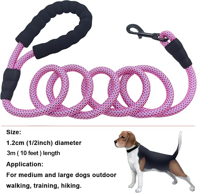 MayPaw Heavy Duty Rope Dog Leash, 6/8/10FT Nylon Pet Leash, Soft Padded Handle Thick Lead Leashes for Large Medium Dogs Walking Training Roaming (Pink-Blue dot, 1/2" * 10') - Image 5